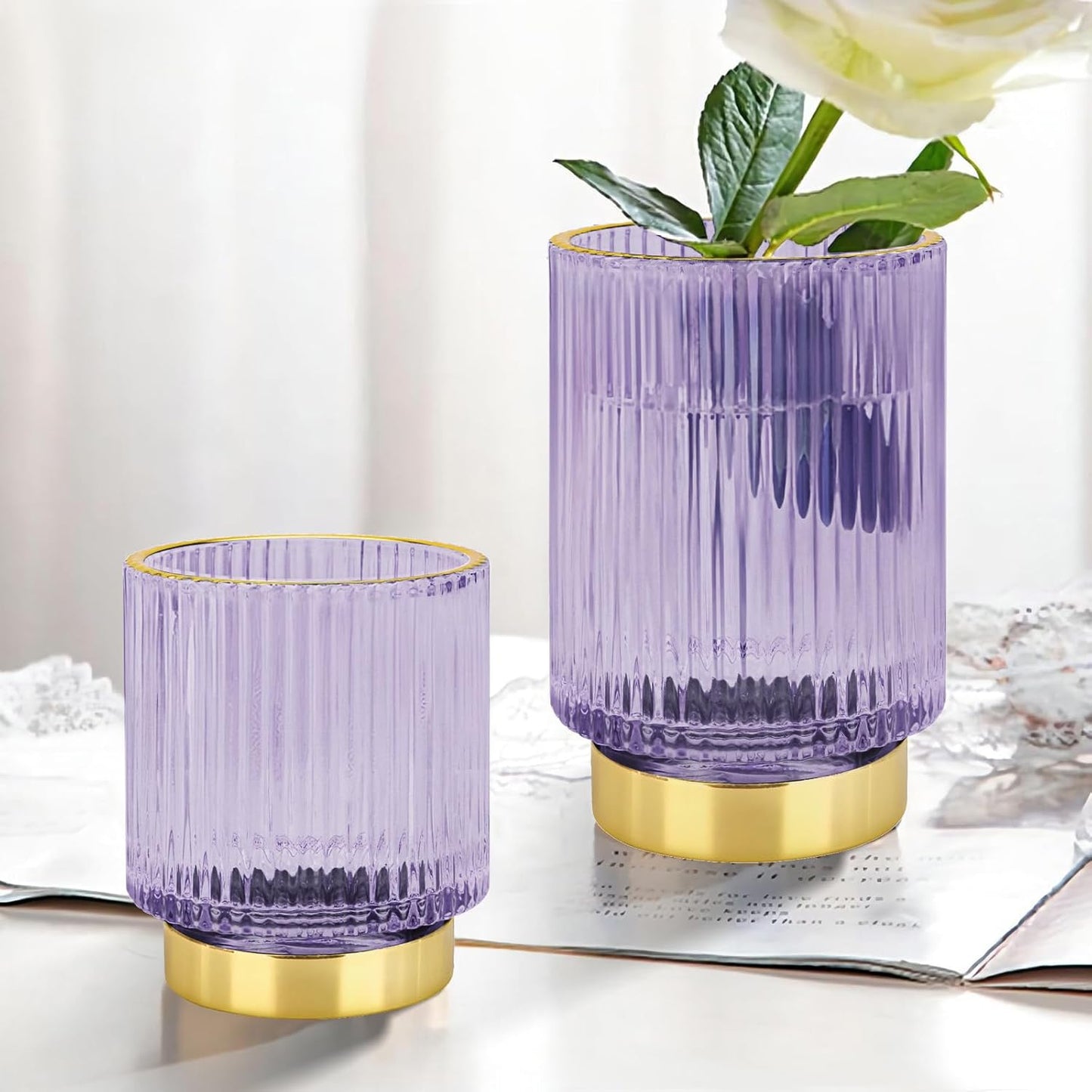 DASITON Makeup Brush holder Organizer,Crystal Cosmetic Makeup Brush Glass Brushes Storage Holder, Vintage Make Up Brush Cup Pen Pencil Holder striped vase(Purple L)