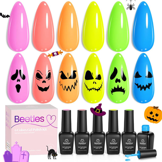 Beetles Halloween Gel Nail Polish Set, Bright Rainbow Collection 6 Colors Hot Pink Blue Yellow Green Soak Off UV LED Neon Gel Nail Polish Kit Gift for Women | alldaygood beauty