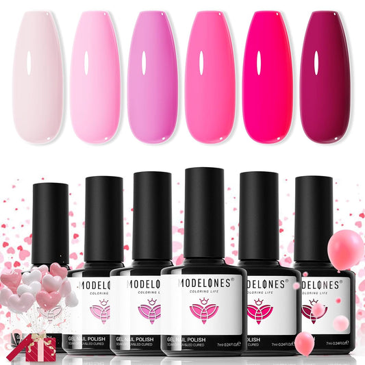 modelones Pink Gel Nail Polish Set 6 Colors, Hot Pink Tones Neon Pink White Gel Polish Magenta Light Soft to Dark 2025 All Seasons Halloween LED Nail Art for Nail Lovers Gift Salon DIY Starter Kit | alldaygood beauty