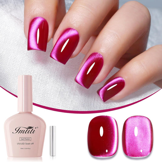 Imtiti Hot Pink Cat Eye Gel Nail Polish, Moonlight Rose Pink Holographic Cat Eyes Glitter Magnetic UV Soak Off Gel Polish with Magnetic Stick 1Pcs (0.34 Fl Oz-945) | alldaygood beauty