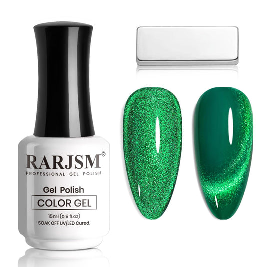 RARJSM Green Cat Eye Gel Nail Polish with Magnet Stick Diamond Emerald Green Velvet Cateye Gel Polish 15ml Single Bottle Sparkle Shimmer UV LED Curing Requires Soak Off Home Salon Christmas Manicure | alldaygood beauty