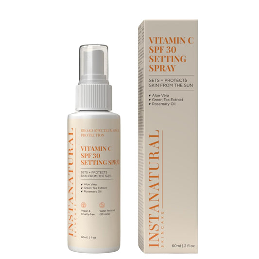 InstaNatural Skin Care Vitamin C SPF 30 Broad Spectrum Sunscreen Make Up Setting Spray, Brightens & Hydrates, UVA, UVB Sun Protection Sunblock, with Aloe Vera & Botanicals, Pump Bottle, 2 Fl Oz | alldaygood beauty