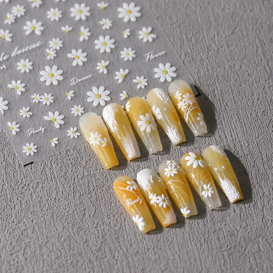 Flower Nail Stickers 5D Embossed Nail Art Stickers Decals White Daisy Floral Nail Design Stickers for Women Girls Self-Adhesive Nail Art Decoration