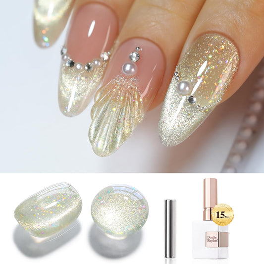 Double Rhythm 0.5 OZ Cat Eye Gel Polish with Magnet 15ML Holographic Glitter Shimmer Translucent Jelly Color Magnetic Nail Polish Salon DIY at Home (MC1060) | alldaygood beauty
