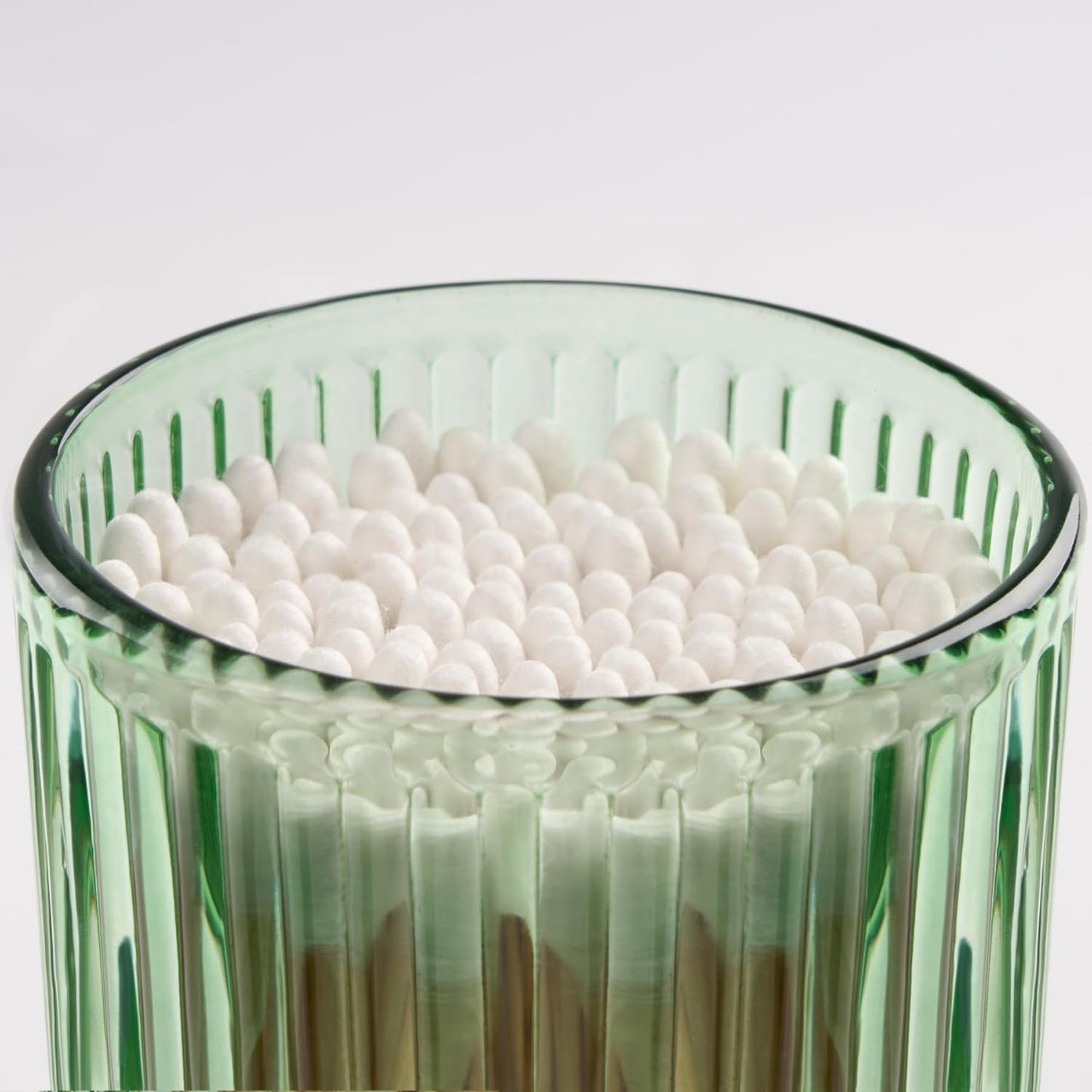 2 Pack Qtip Holders for Bathroom, Clear Glass Apothecary Jars with Lids,Vintage Bathroom Canisters for Cotton Balls,Swabs,Floss Picks,Hair Ties,Vanity Organizer and Storage Decor (Green)