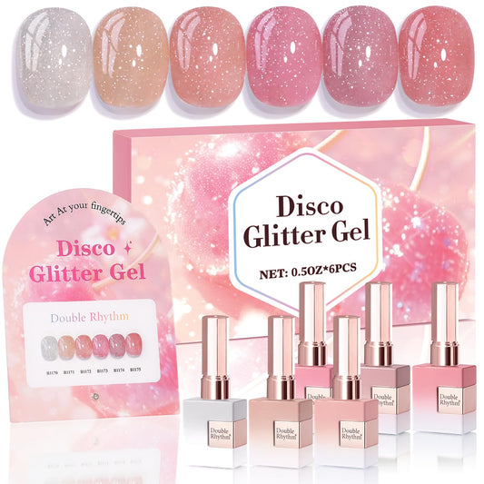 Double Rhythm 0.5 Oz Glitter Gel Polish Set of 6 Color with Display Board 15 ml Full Size Kit Shimmer Reflective Sparkle Soak Off Manicure Salon DIY at Home (Silver Nude Rose Coral Pink-T6-39) | alldaygood beauty