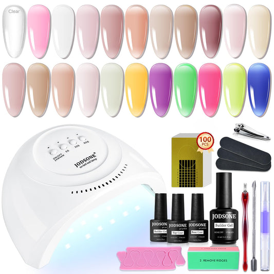 JODSONE Builder Gel Nail Kit with U V Light Base Top Coat 21 Colors High Shine Builder Gel and 100 PCS Extension Stickers | alldaygood beauty