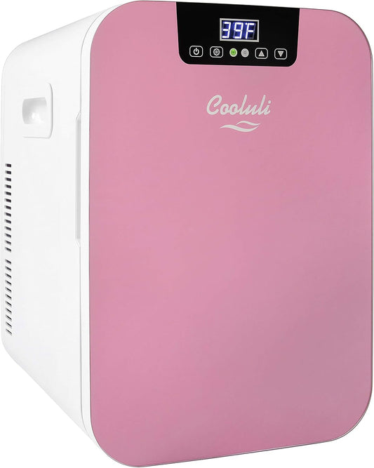 Cooluli 20L Mini Fridge For Bedroom - Car, Office Desk & College Dorm Room - Glass Front & Digital Temperature Control - Small 12v Refrigerator for Food, Drinks, Skincare, Beauty & Breast Milk (Pink)