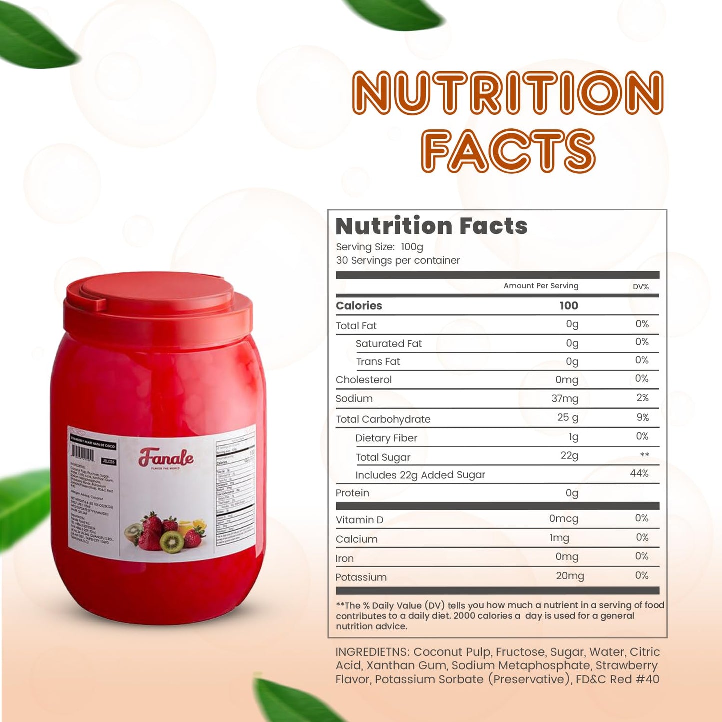 Fanale Coconut Jelly Topping nata de coco for Boba Tea | Ice Cream | Yogurt | Smoothie | Milk Tea | Desserts (Strawberry Heart Shaped, 6.6 lb) | JEL026