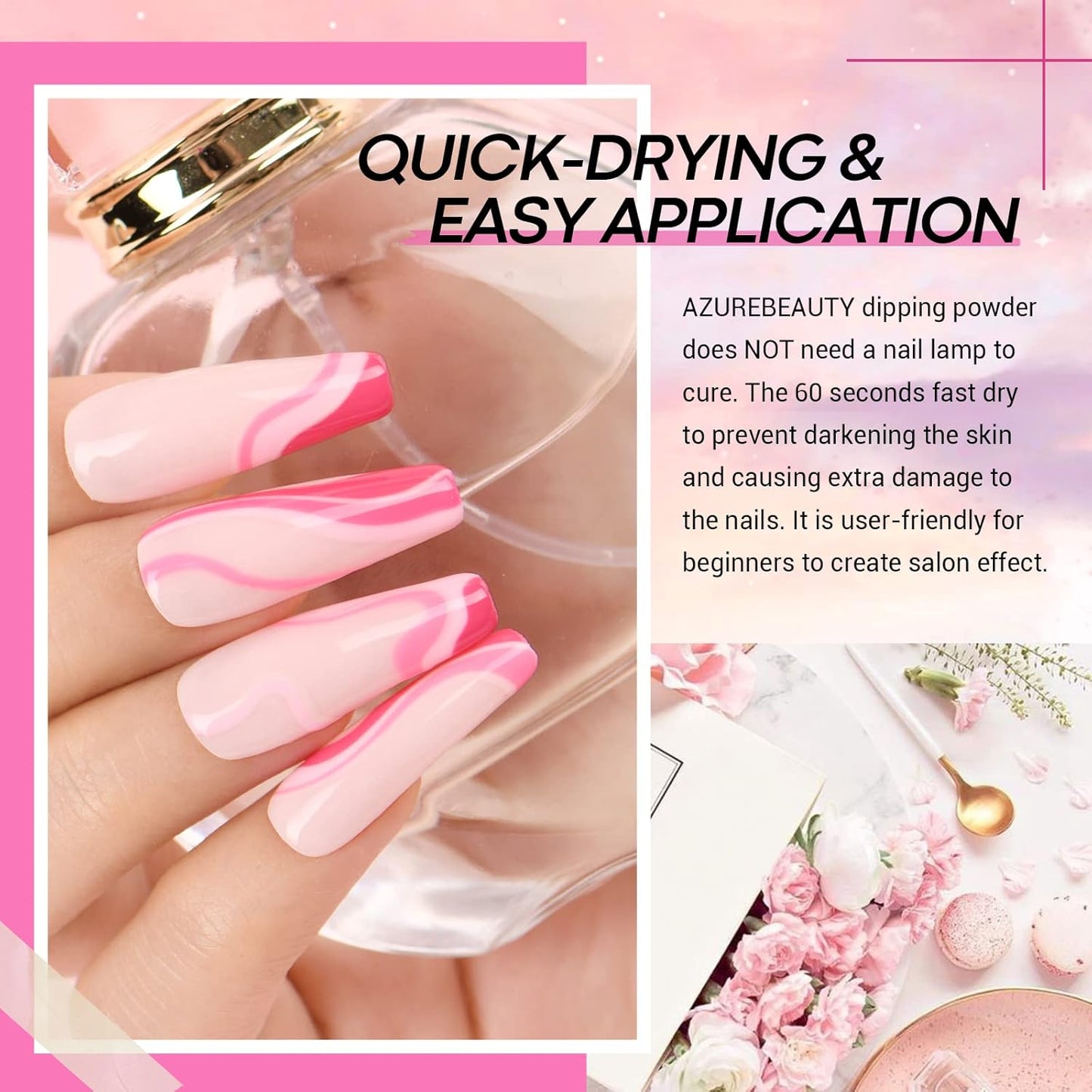 AZUREBEAUTY Pink Dip Powder Nail Set, 6 Colors Light Hot Pink Cherry Blossom Shades Dipping Powder Starter Kit, French Nail Art Manicure, No Need Nail Lamp Cured DIY Salon