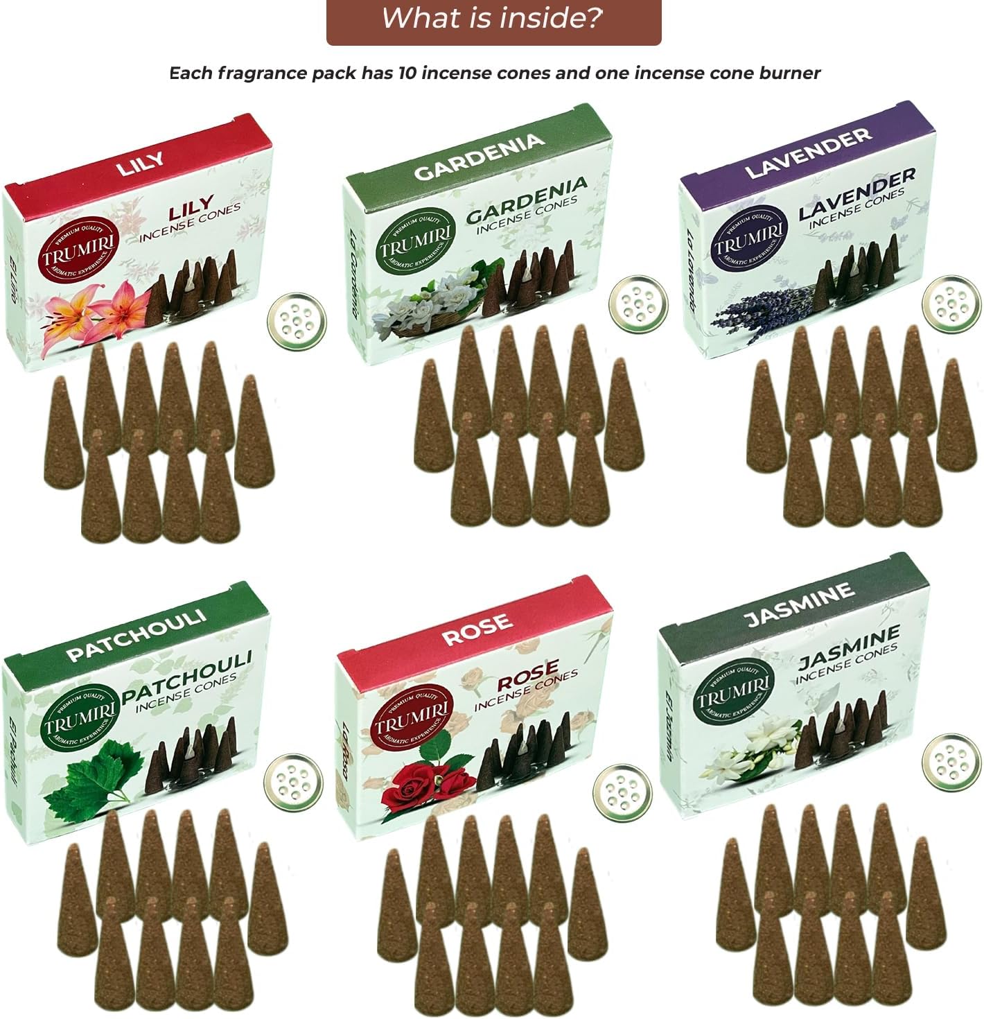 Trumiri Floral Incense Cones - Variety Pack - Total 60 Cone Incense (6 Scents x 10 Conos) - Rose, Lavender, Jasmin, Patchouli, Gardenia, Lily - Cone Incense Scents - Insense Cones - Incent Cone
