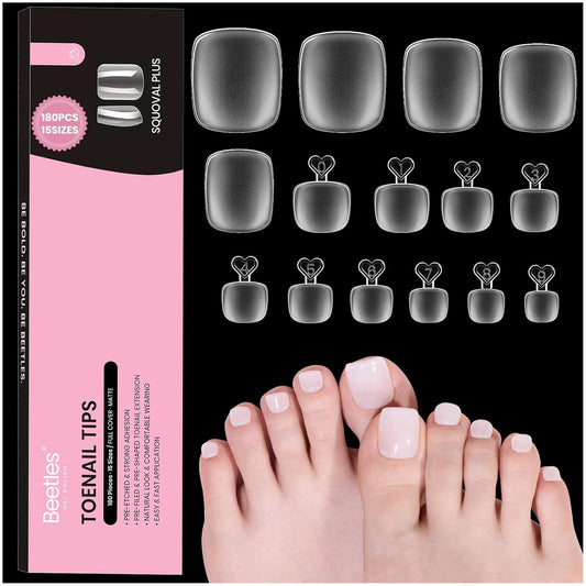 Beetles Toe Nail Tips Square for Big Toes - 15 Sizes 180 Pcs Long Wider Full Cover Toenail Tips Fake Acrylic Pre-etched Double Matte Nail Extensions, Press on Toe Nails for Wide Nail Beds | alldaygood beauty