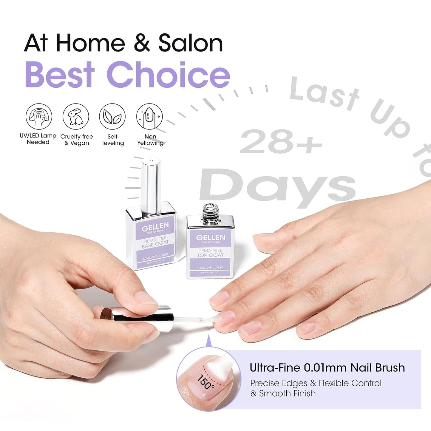 GELLEN 20ml Gel Base and Top Coat, Hema-Free Glossy Top Coat and Base Coat for Gel Nail Polish, No Wipe Soak Off Curing Needed Clear Nail Polish, Easy DIY Manicure Set