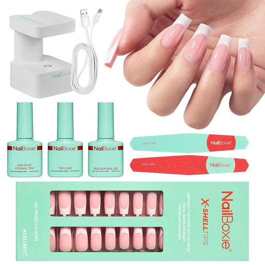 Gel Nail Kit, Top Coat, Nail Builder Gel and Nail Glue for Nail Tips, Press On Nails Kit with LED Light, 150 PCS Long Pink Square, 15 Sizes French Tip Press on Nails | alldaygood beauty
