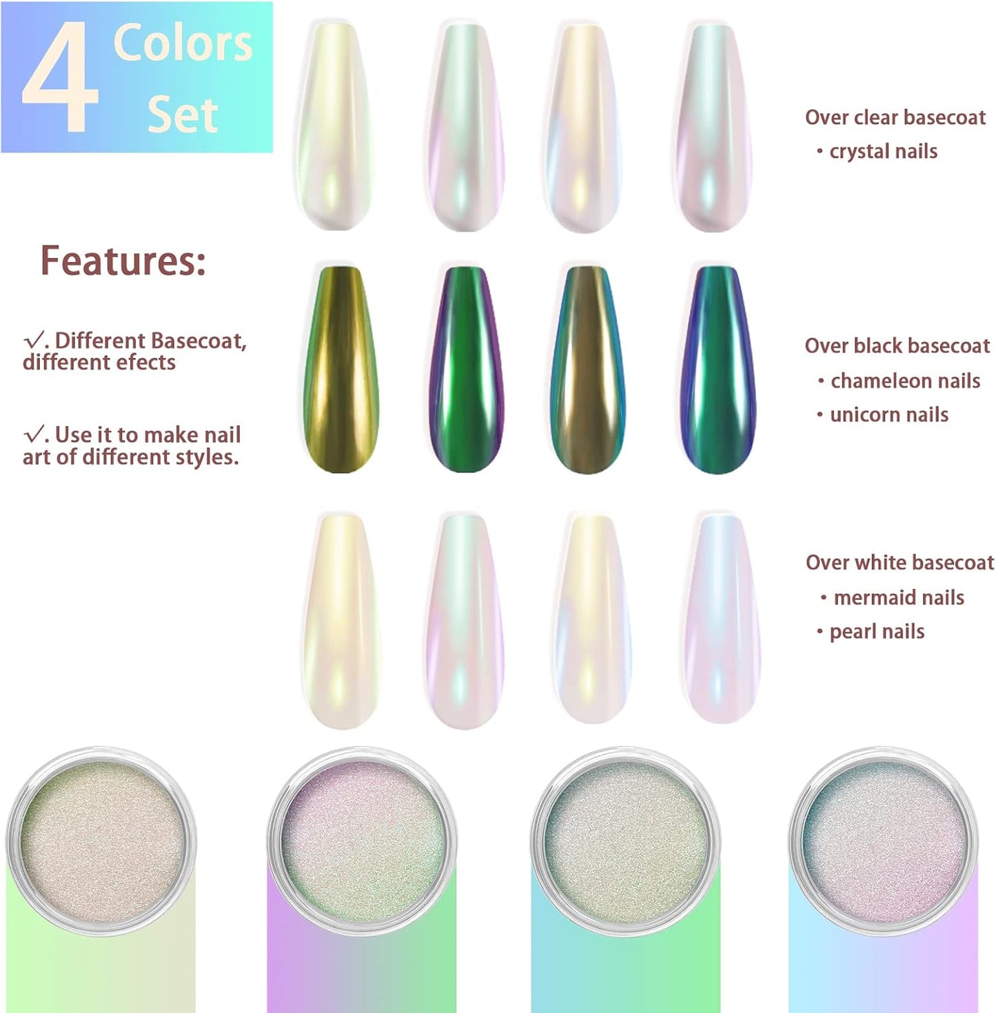Allstarry White Chrome Nail Powder, 4 PCS Color-Shift Chameleon Mica Powder Aurora Chrome Effect Glitter Dust Iridescent Pearlescent Pearl Pigment for Gel Polish Nail Art Decoration, Resin Craft