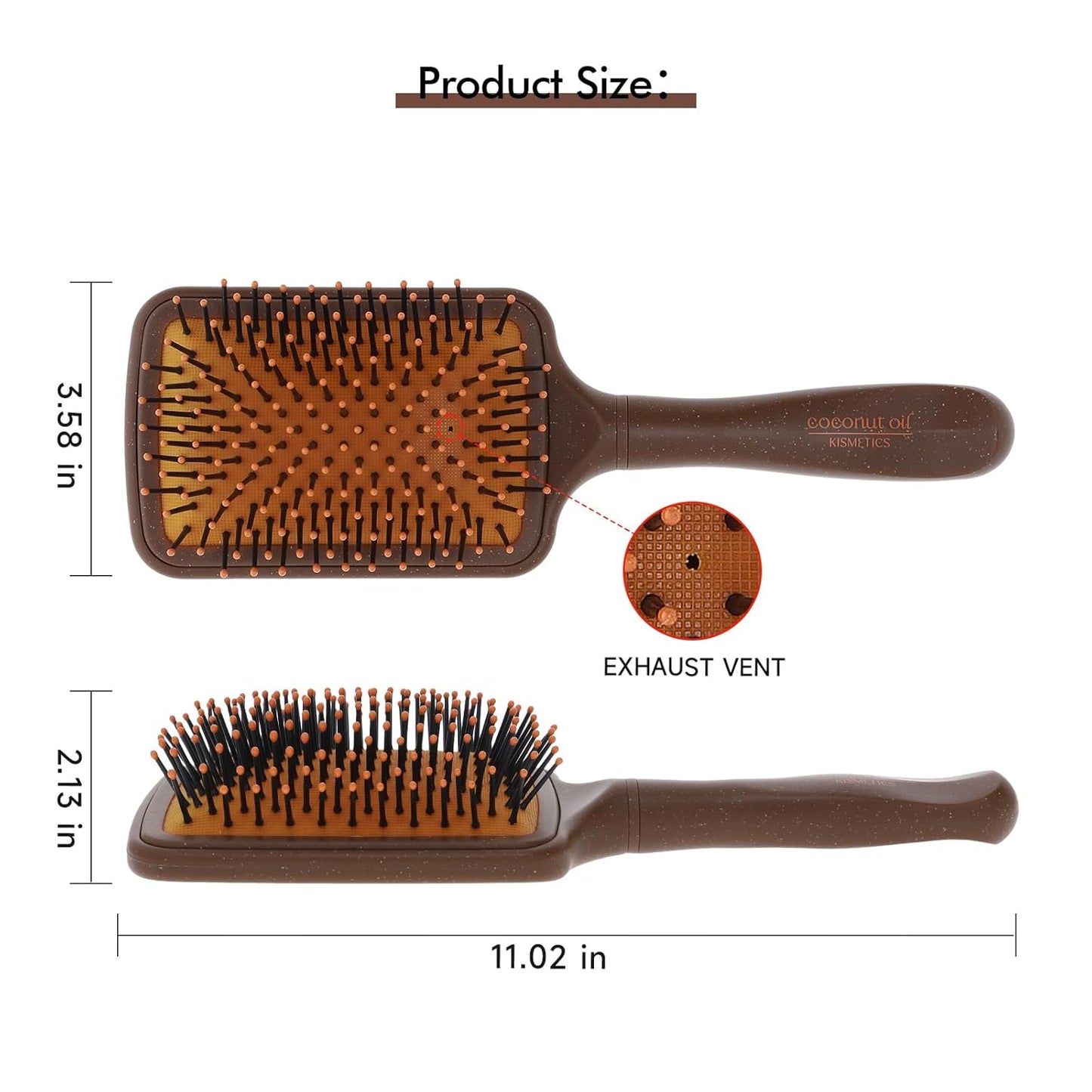 Coconut Oil Infused HAIR BRUSH, Scented Paddle Brush, for Gentle Detangling, Scalp Massage or Blow-dry. For All Hair Types. Brown