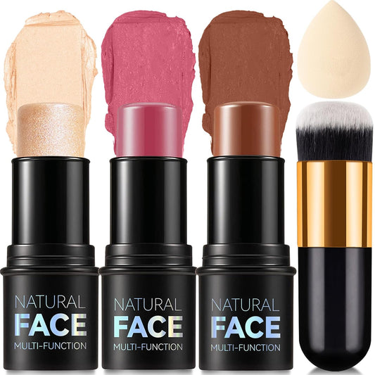 3 Colors Cream Contour Stick, Shades with Highlighter Stick,Blush Stick and Bronzer Contour Stick for Sculpt the Cheeks,Long Lasting,Waterproof,Matte & Dewy Finish for Women (LIGHT FAIR(8+10+12)) | alldaygood beauty