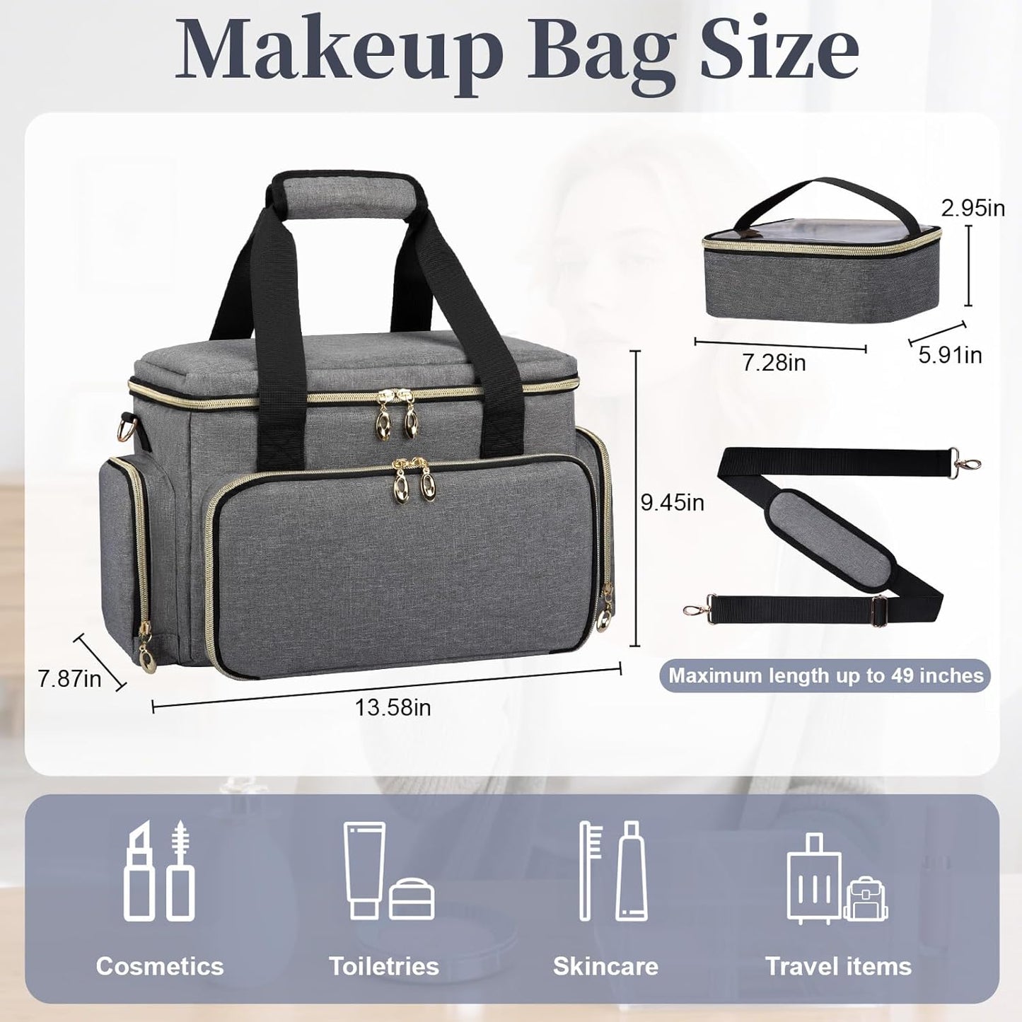 Large Makeup Bag, Portable Travel Makeup Bag Organizer for Women Girls with 2 Removable Pouches & Detachable Dividers, Cosmetic Travel Bag, Toiletry Bag for Makeup and Hair Supplies Grey