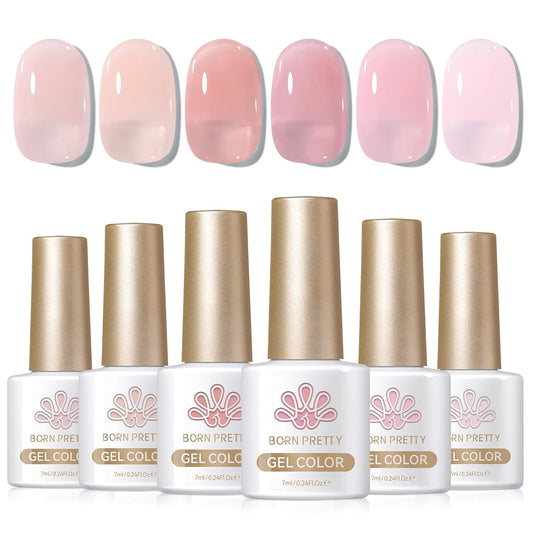 Born Pretty Jelly Pink Gel Nail Polish Set,Nude Pink Translucent Gel Polish,6 Transparent Sheer Colors Soak Off U V Light Cure Gel Polish Kit Nail Art Manicure DIY Kit Home Salon 7ML | alldaygood beauty