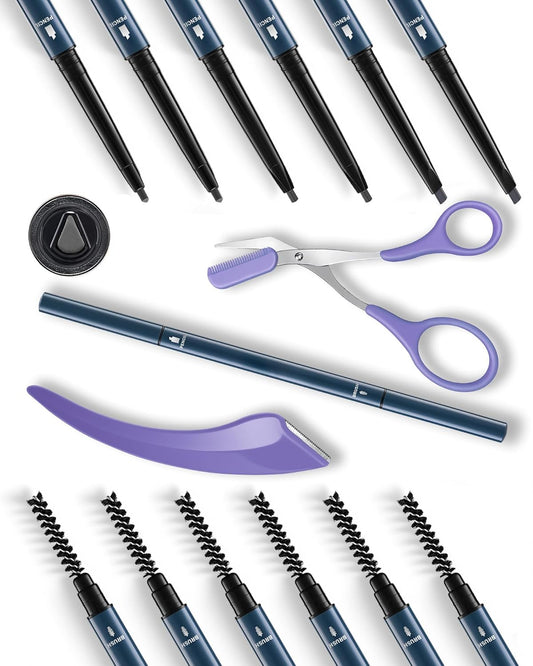 6Pcs Microblading Eyebrow Pencils Grey Waterproof Eye Brow Pencil w/Eye Brow Razor & Scissors Kit 0.5mm Ultra-Fine Tip Creates Hair-Like Strokes for Women Effortless Natural Brows