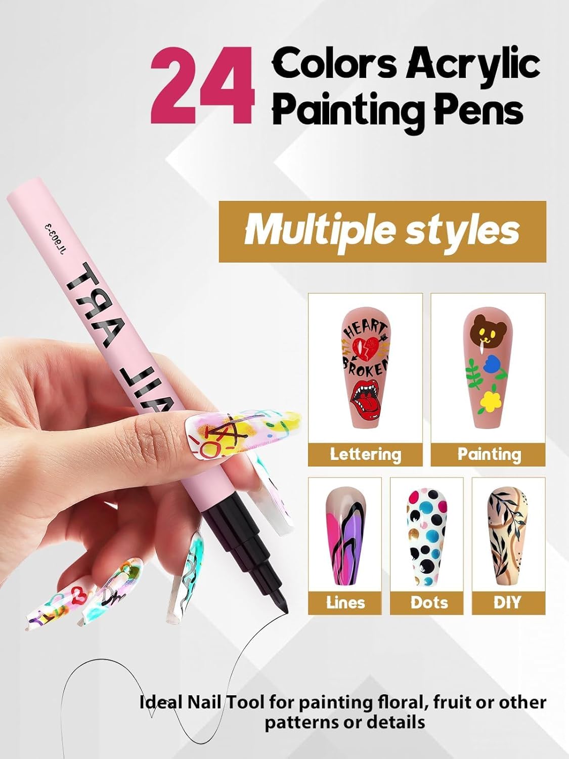 EBANKU 24 Colors Waterborne acrylic ink Nail Art Pens Set, 0.7MM Nail Polish Pens Quick-Drying Acrylic Paint Pen Point Dotting Liner Pen Nail Drawing Painting Manicure Tools for 3D Salon Home Nail DIY