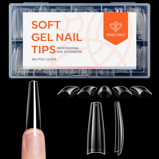 modelones XXL Long Coffin French Nail Tips, 504 PCS No C Curve Half Cover Clear Acrylic Fake Nails Tips Gel Pre-shaped 12 Sizes with Box