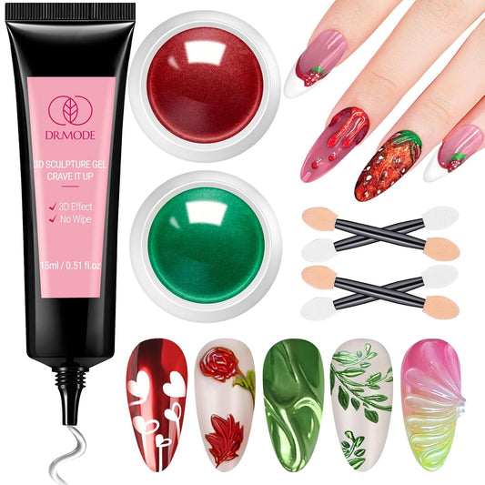 DRMODE 3D Nail Gel and Chrome Nail Powder Kit, Christmas Red Green Metallic Mirror Nail Chrome Powder Glitter, 3 in 1 No Wipe Clear 3D Sculpting Gel for Nail Art Carving Molding Rhinestone Glue 15g | alldaygood beauty