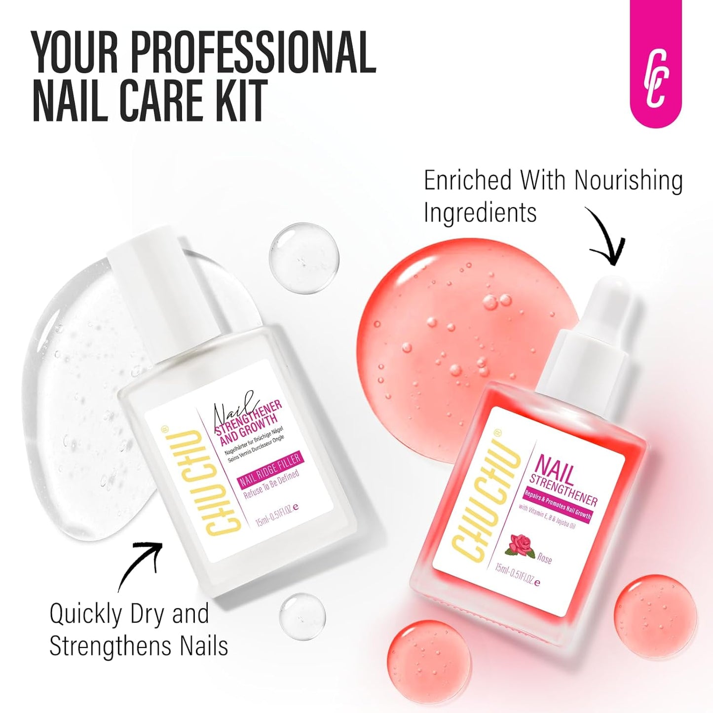 2 in 1 Nail Strengthener and Rose Cuticle Oil Set: Clear Nail Hardener Polish Extra Strong and Growth - Repair Brittle Damaged Dry Nail and Cuticle - for Women Beginner Home Salon Gift