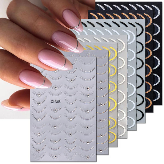 8Sheets French Line Nail Stickers, 3D Sticker for Nail Art Gold Silver White Lines Adhesive Tapes Stripes Swirl with Diamond Nail Design Curved Gel Nail Art Sliders Polish Manicure Tip Nail Decoration | alldaygood beauty