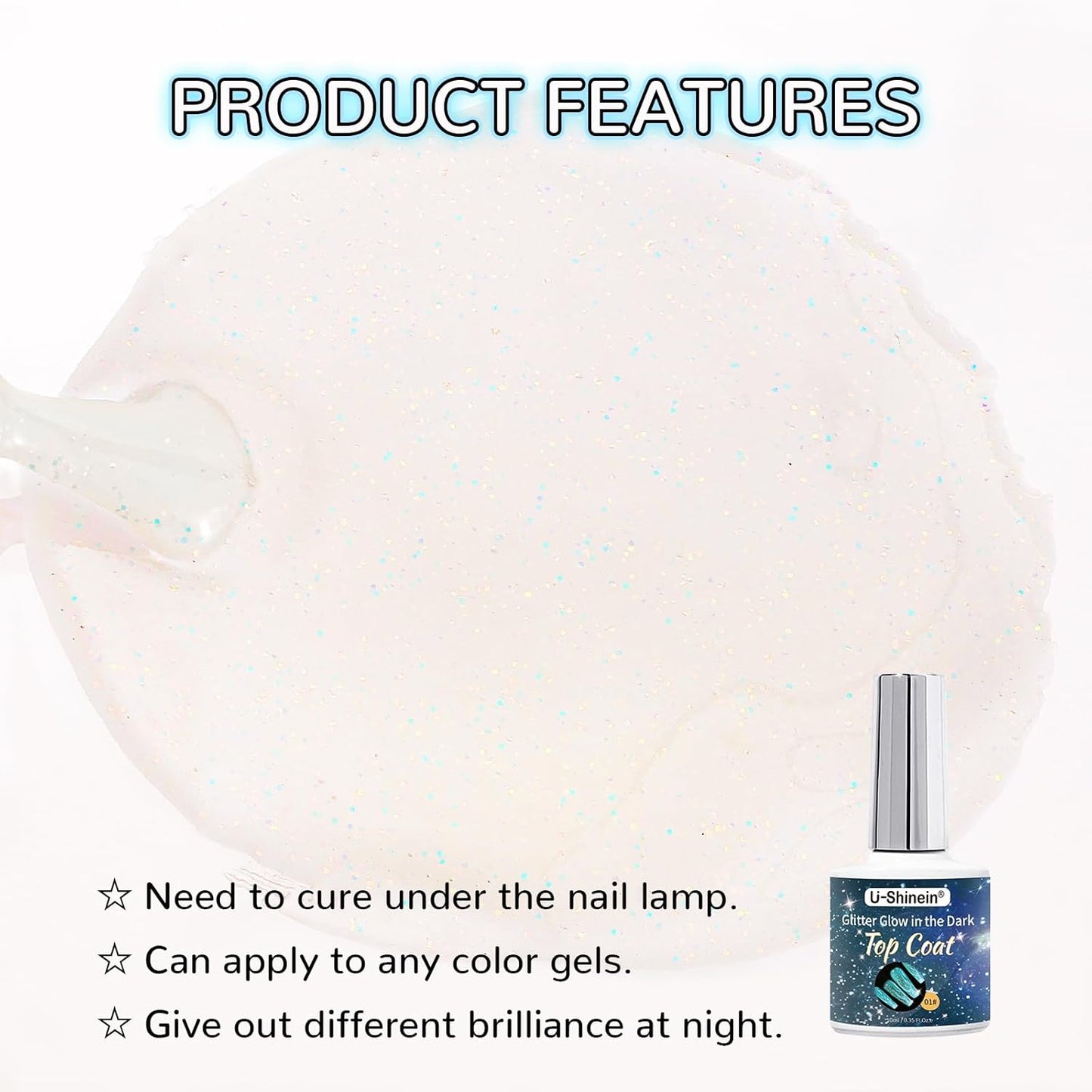 Glow In The Dark Gel Polish - Glitter Luminous Blue Nail Gel Top Coat with Fine glitter decoration No Wipe Long-lasting Transparent Glow UV LED Needed, Perfect for Any Festival Halloween