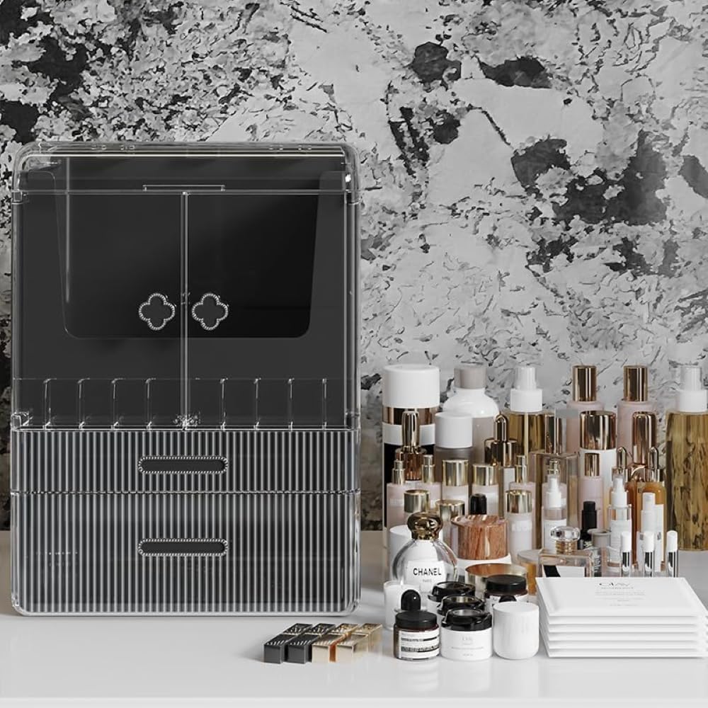 Acrylic Makeup Organizer with Drawers – 38.5CM Large Capacity Cosmetic Storage Box, Dustproof & Waterproof Vanity Organizer for Skincare, Jewelry, Lipsticks & Beauty Products (Black)