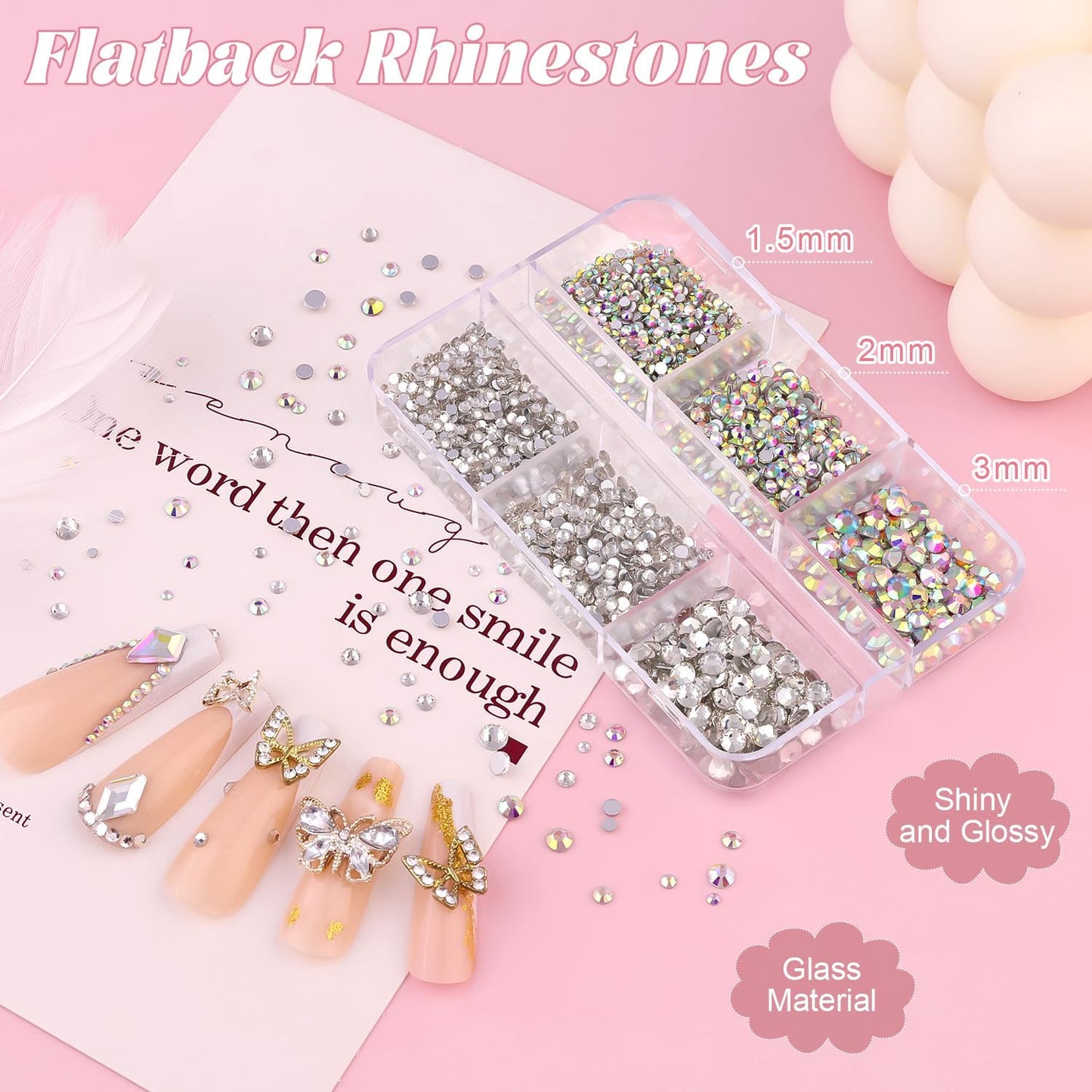 Flatback Rhinestones (Clear+AB) and Metal Steel Round Caviar Beads (Silver+Gold) with Rhinestones Glue Gel for Nail Art, Crystals Nail Charms and Caviar Beads Nail Accessories for Manicure Decor
