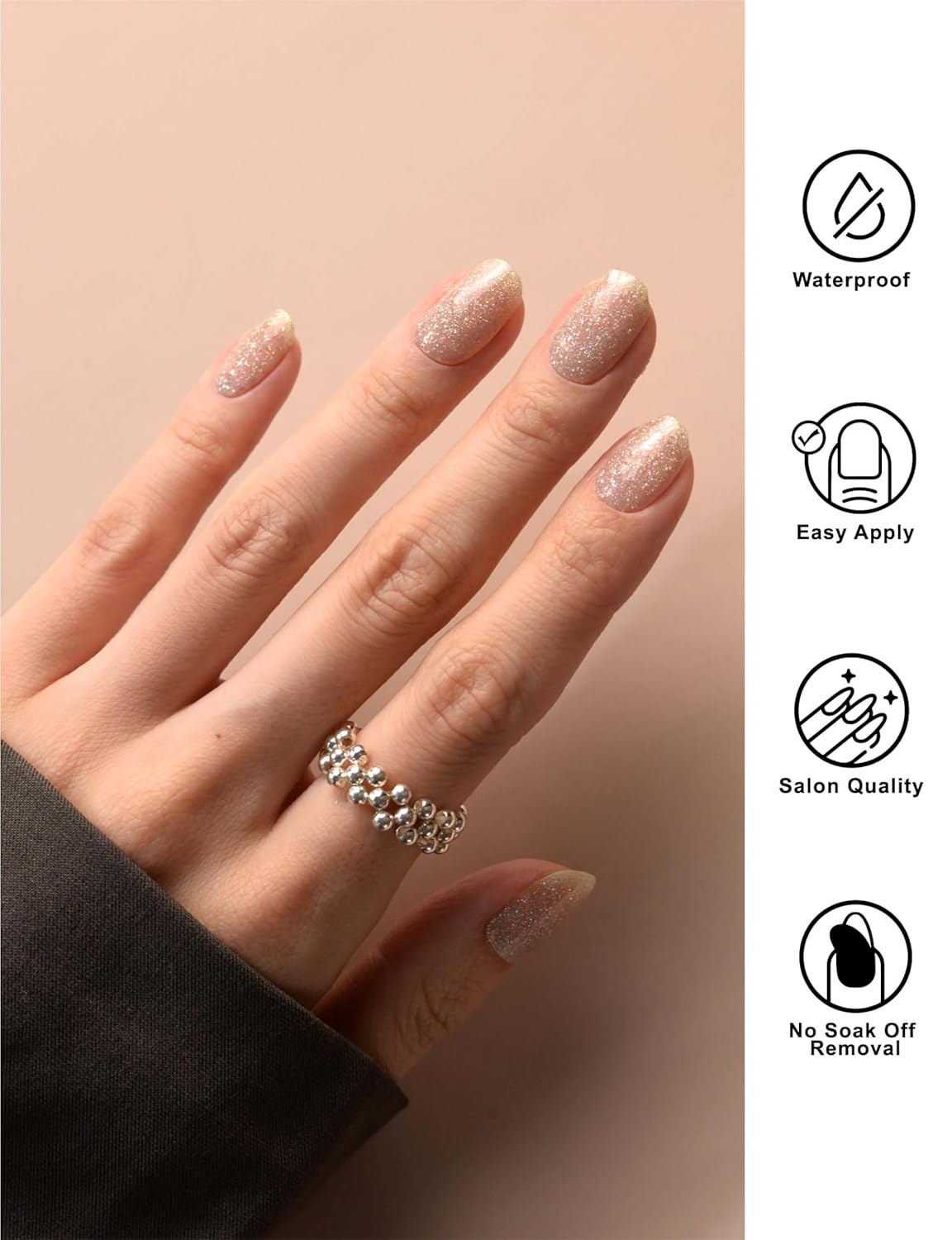 Nail Polish Strips, 44PCS Salon Quality Wraps with Top Coat, Long Lasting Gel Nail Stickers for Women Easy Apply& Remove (Glistening Waves Gold)