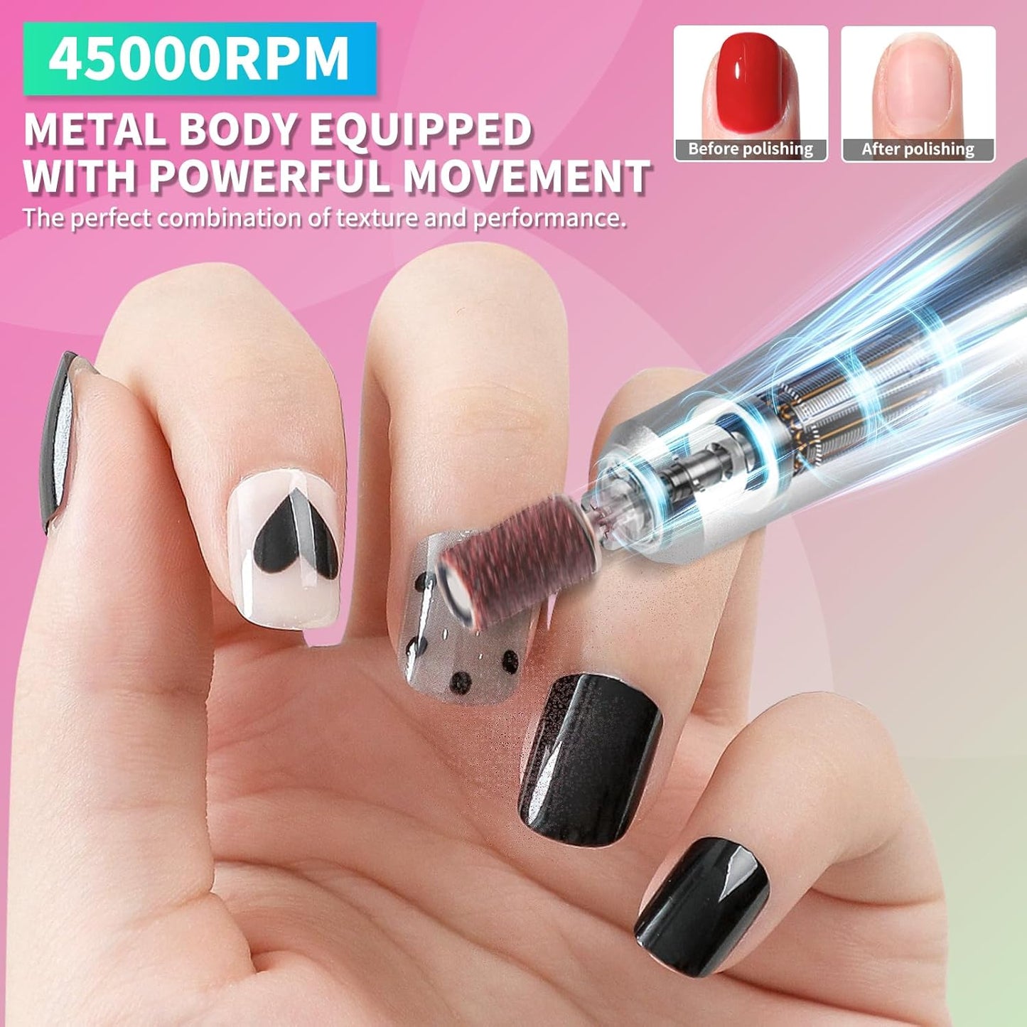 Professional Electric Nail Drill Machine,45000RPM Portable Rechargeable Efile Nail Drill Cordless,Electric Nail File Kit for Women (Gradient Green)