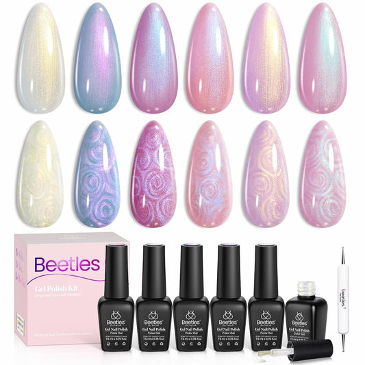 Beetles Pearl Gel Nail Polish, 6 Colors Shimmer Pearl White Pink Purple Mermaid Nail Drawing Gel Polish Soak Off Uv Gel Polish Swirl Shell Thread Effect DIY Manicure Gift for Women | alldaygood beauty
