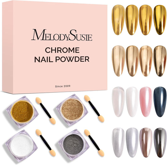 MelodySusie 4Pcs Chrome Nail Powder for Gel Nails, Aurora Fine Glitter Powder Mirror Effect Pigment Pearlescent Mermaid Pigment Pearl Glitter for Home DIY Salon Use | alldaygood beauty
