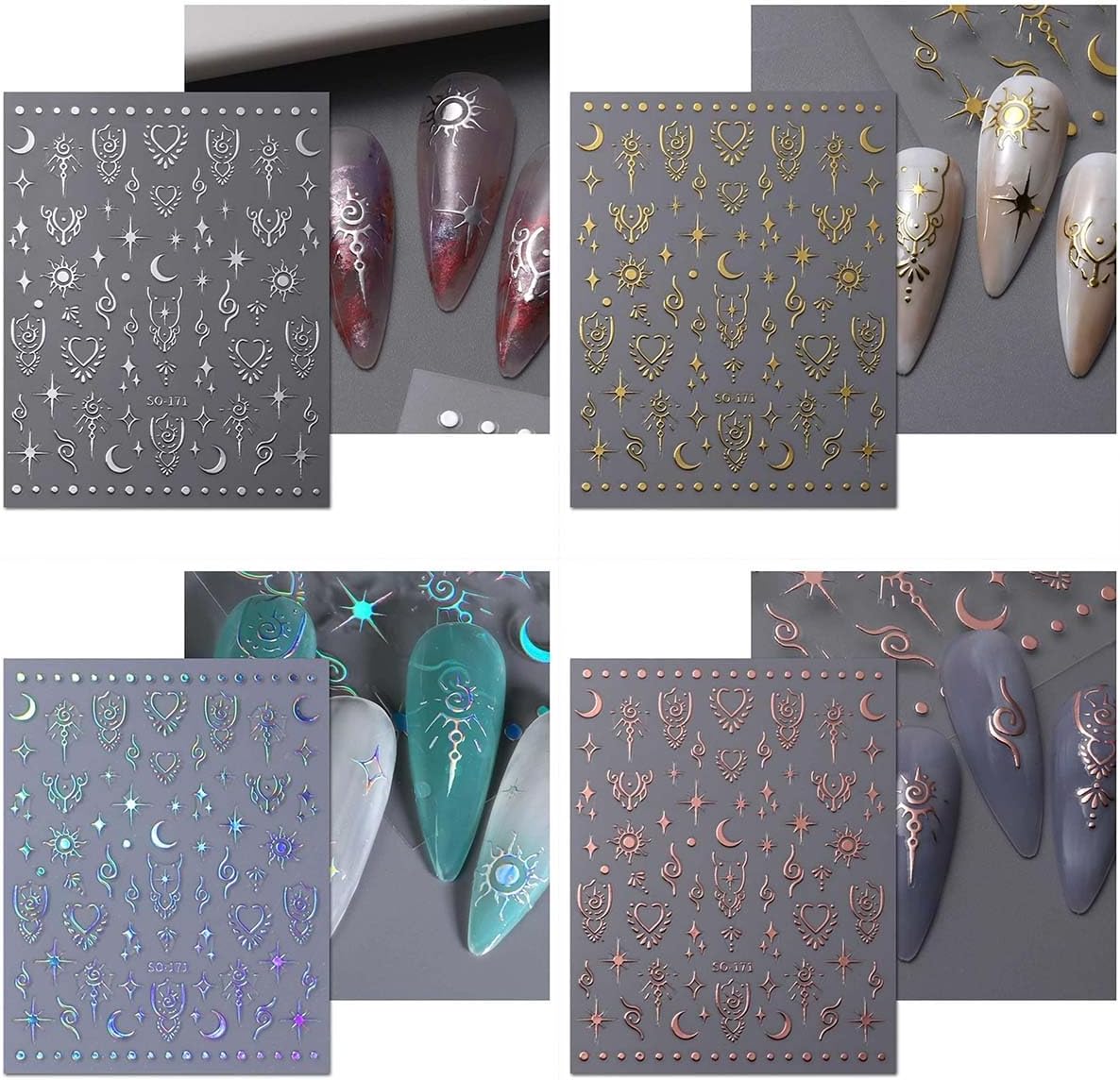 12 Sheets Star Nail Stickers Moon Letter Nail Art Stickers 3D Embossed Self Adhesive Nail Decals Rose Gold Silver Holographic Nails Design Nail Art Decals for Women Manicure DIY Decoration