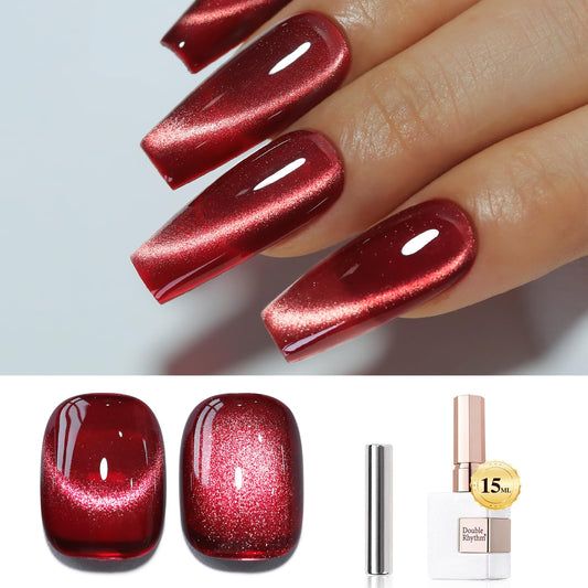 Double Rhythm Jelly Glass Cat Eye Gel Polish with Magnet 15ML Holographic Glitter Shimmer Translucent Sheer Color Magnetic Nail Polish Salon DIY at Home (Dark Red-MC1054) | alldaygood beauty