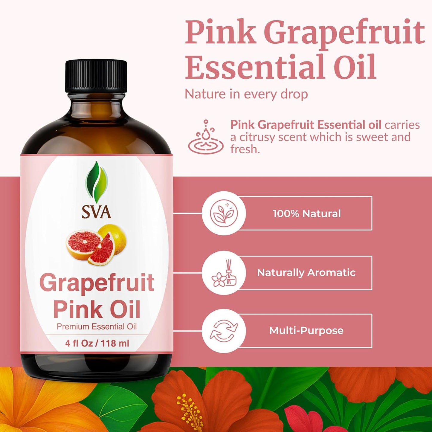 SVA Grapefruit Essential Oil Pink – 4 Fl Oz – 100% Natural Grapefruit Oil - for Diffuser, Hair Care, Face, Skin Care, Aromatherapy, Scalp and Body Massage, Soap and Candle Making - with Dropper