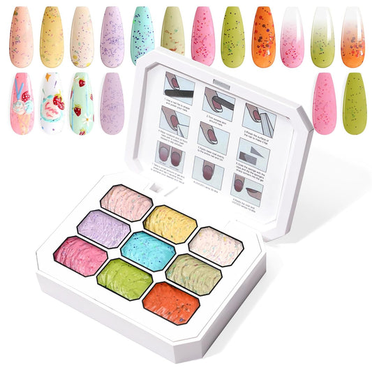 Gradient Painting Gel, 9 Colors Ombre Gel Nail Polish for 3D Sculpture Gel comes with Dotted Decorations Aura Nails French Manicure Soak Off UV Long-lasting Home Salon DIY Candy Cane Cream | alldaygood beauty