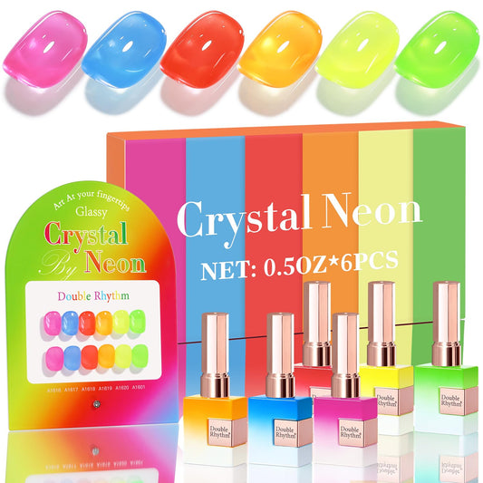 Double Rhythm 6 Pcs 15 ML Gel Polish Set Same Color Same Bottle Soak Off Gel Polish Kit Nail Art Manicure Salon DIY at Home for Women (Jelly Neon Pink Blue Red Green-T6-26) | alldaygood beauty