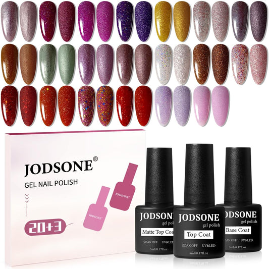 JODSONE 23 Bottles of Glitter Colorful and Elegant Gel Polish kit with 3 Bottles of Matte and Glossy Top Coat Base Coat Gel Nail Set | alldaygood beauty