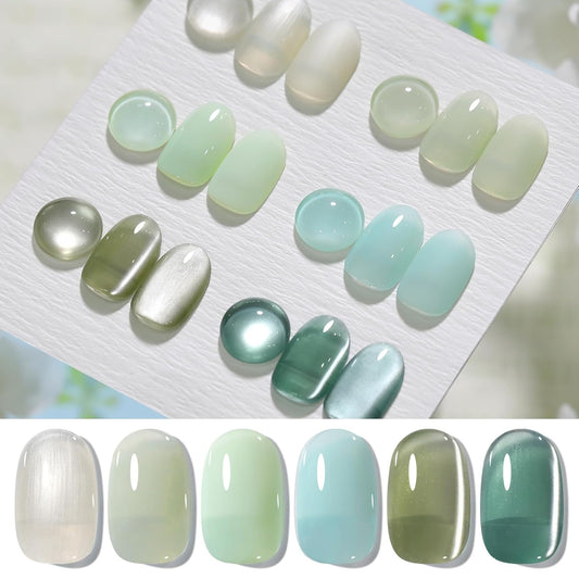 Born Pretty Christmas Green Gel Nail Polish,Jelly Transparent Gel Polish,Cat Magnetic Eye,Shimmer Glitter Green Gel Polish Kit for Salon Manicure and Nail Art DIY at Home 6Colors