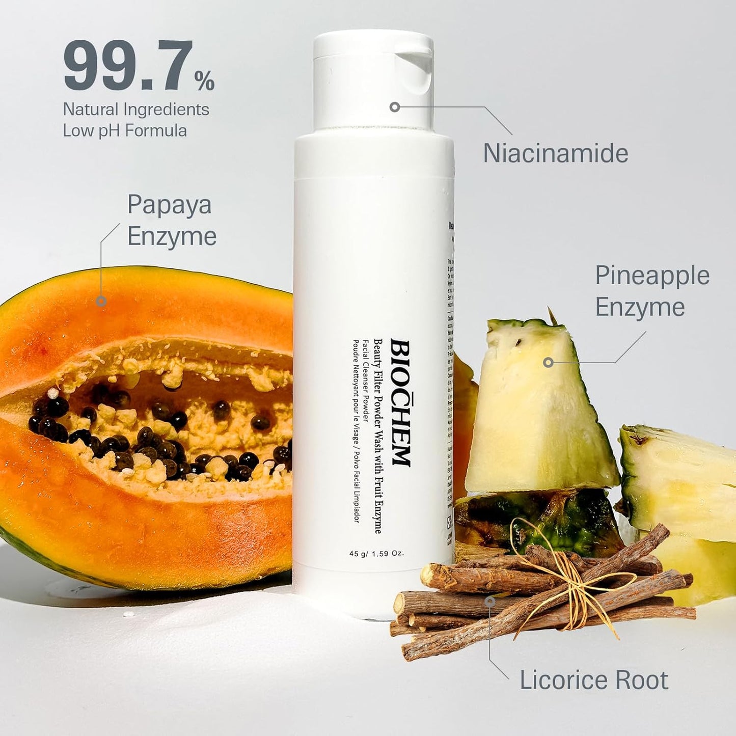 BIOCHEM Beauty Filter Powder Face Wash with Fruit Enzyme, Daily Wash with Papaya & Pineapple Enzyme, Gentle Plant-Based Low pH Exfoliator Cleanser for Women & Men, Sensitive Skin (1.59 fl oz / 45 g)