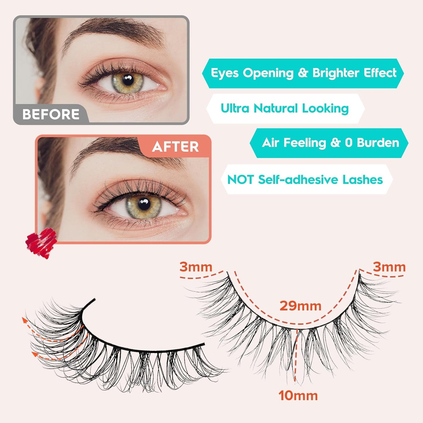 Natural Lashes Wispy False Eyelashes 10mm Short Lashes 3D Volume Strip Lashes Fake Eyelashes Siligli Lashes Thin Band Curly Eye Lashes Pack 10 pair