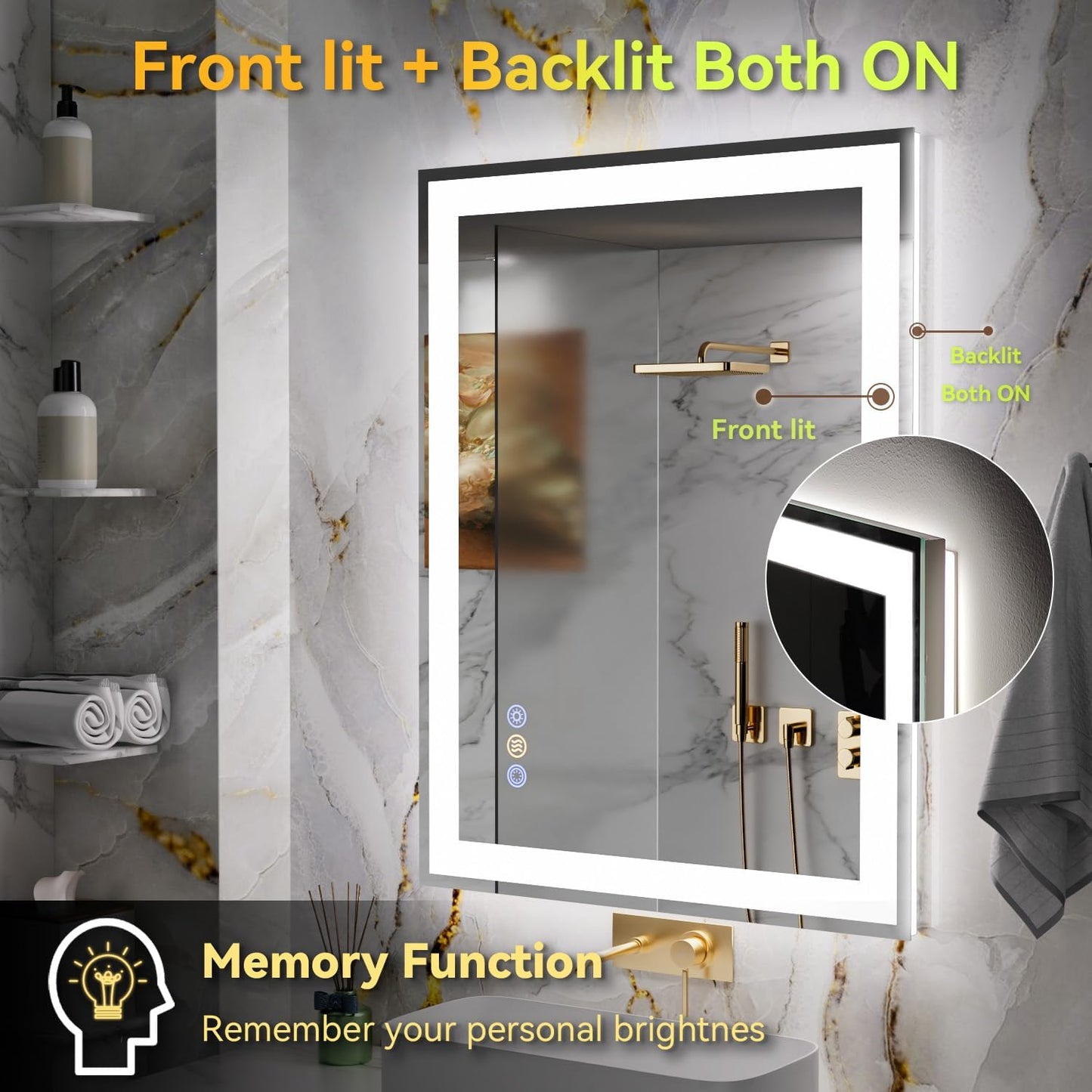 24"x 36" LED Bathroom Mirror with Front and Backlit, Wall Vanity Mirror with Lights, Controlled Separately LED Mirror for Bathroom, 3 Colors, Tempered Glass, Shatterproof, Anti-Fog, Memory(UL ETL)