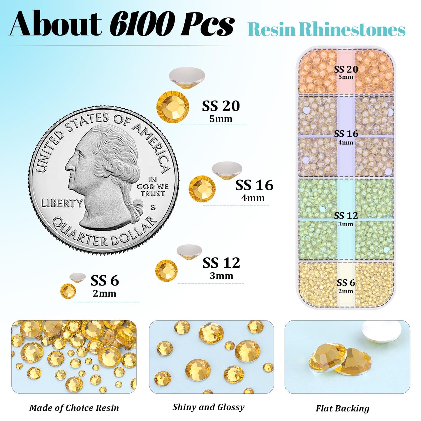 6100Pcs Resin Rhinestones for Crafting with 2Pcs 10ml B7000 Jewelry Glue, 1 Box Flatback Crystals Diamond (Golden Yellow) for Bedazzling Crafts DIY Nail Art, Gems for Clothing Shoes Tumblers