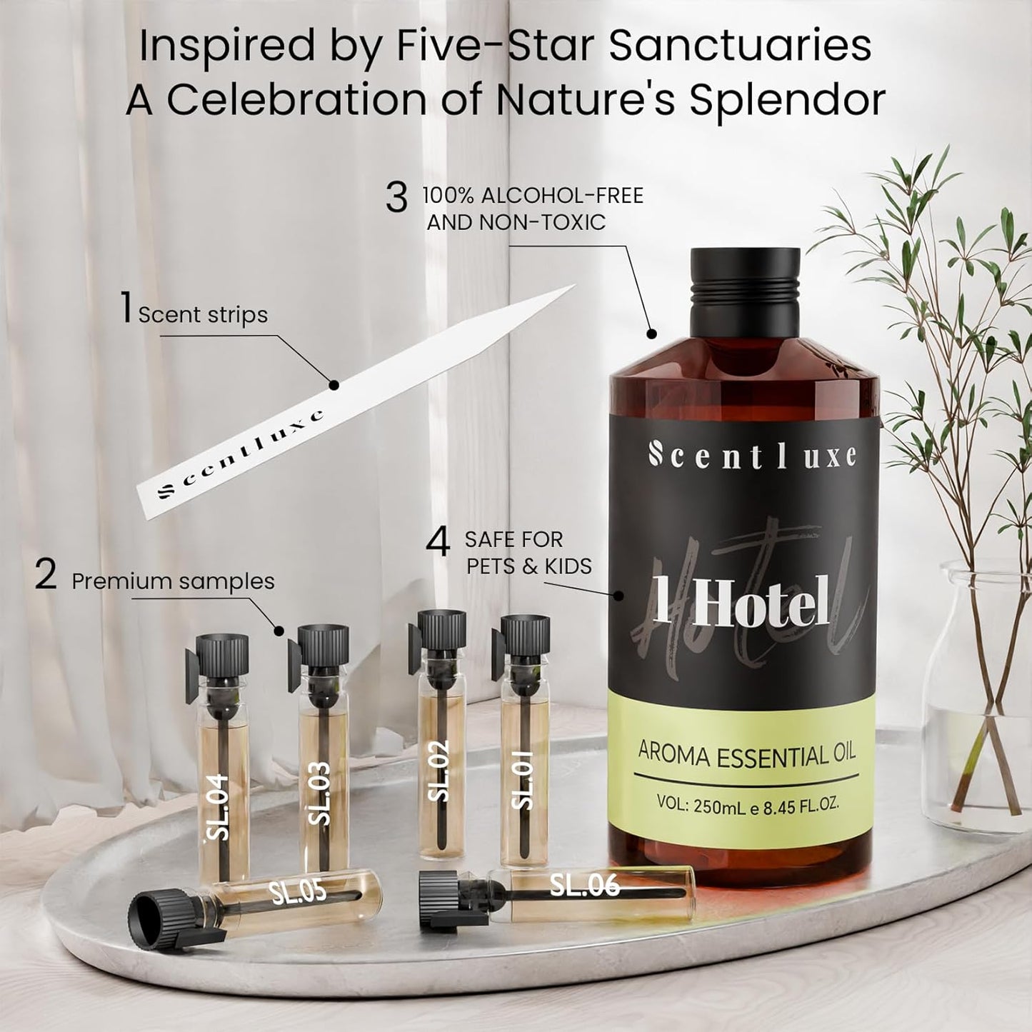 Hotel Diffuser Oil & Aroma Essential Oil Blend Luxury 1 Hotel Inspired Aromatherapy with Jasmine, Pink Pepper, Pineapple, Cedar & Amber for Ultrasonic Diffusers & Nebulizers - 8.45 fl oz, 250 mL
