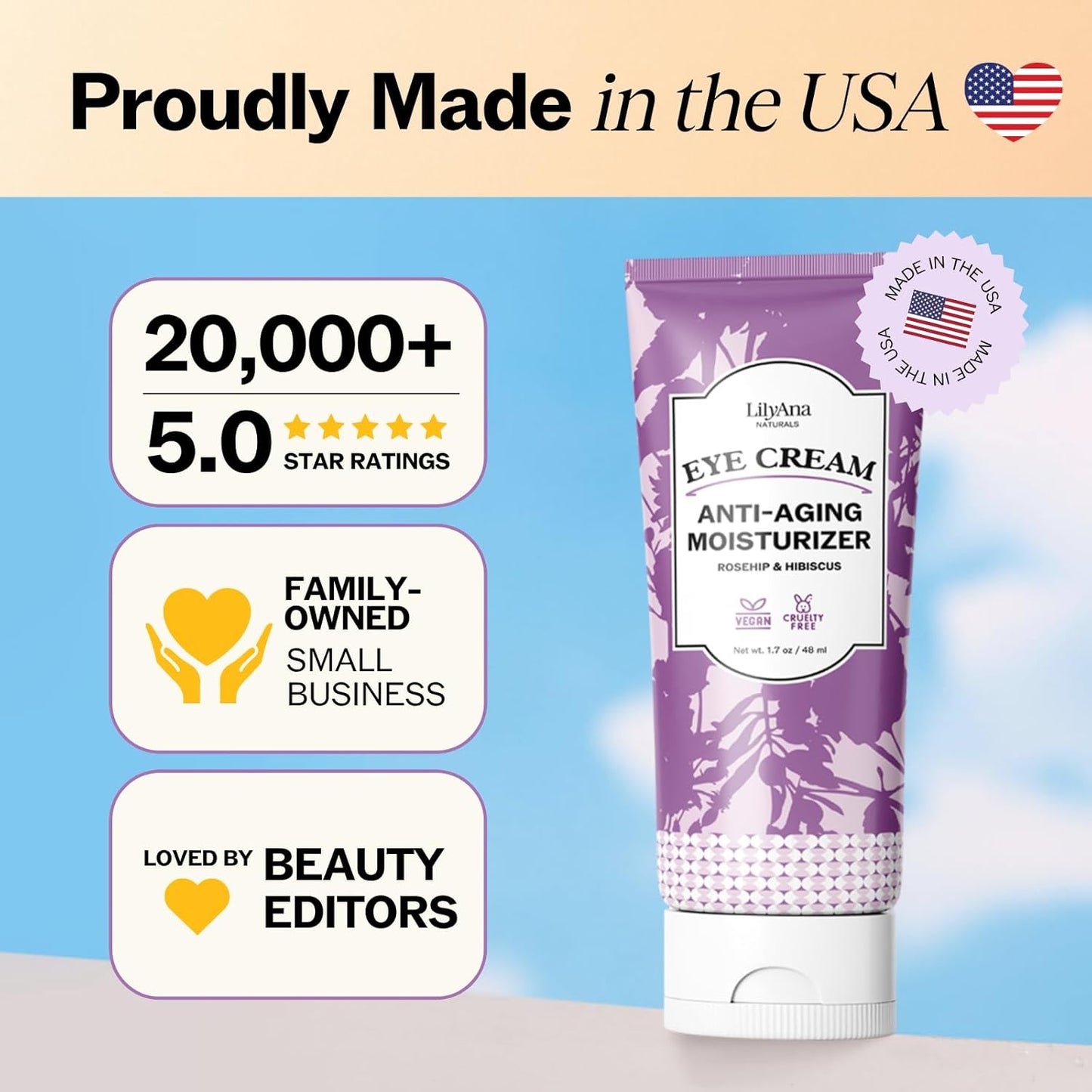 LilyAna Naturals Eye Cream for Dark Circles and Puffiness, Under Eye Cream for Wrinkles and Bags, Anti Aging - helps Improve Dryness; for Sensitive Skin - 1.7 oz - Made in USA