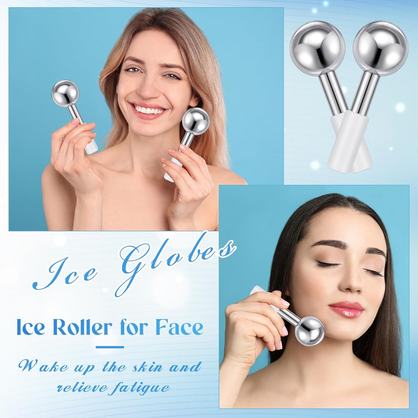 Baderke 2 Pcs Ice Globes for Face Stainless Steel Cooling Globes Unbreakable Cooling Roller Women Ice Balls Cryo Sticks Face Skin Care for Dark Circles, Puffiness(Silver (white Handle))